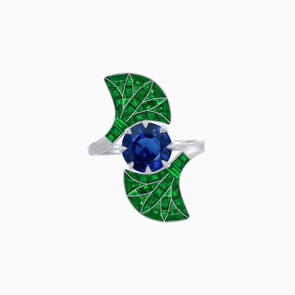 Art Deco Style Fan Motif Ring with Round Center Stone and Calibre-Cut Gemstone Accents - Shahin Jewelry