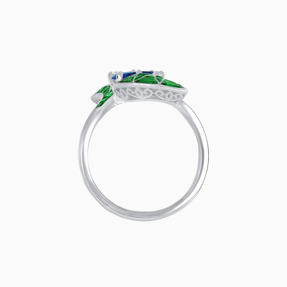 Art Deco Style Fan Motif Ring with Round Center Stone and Calibre-Cut Gemstone Accents - Shahin Jewelry