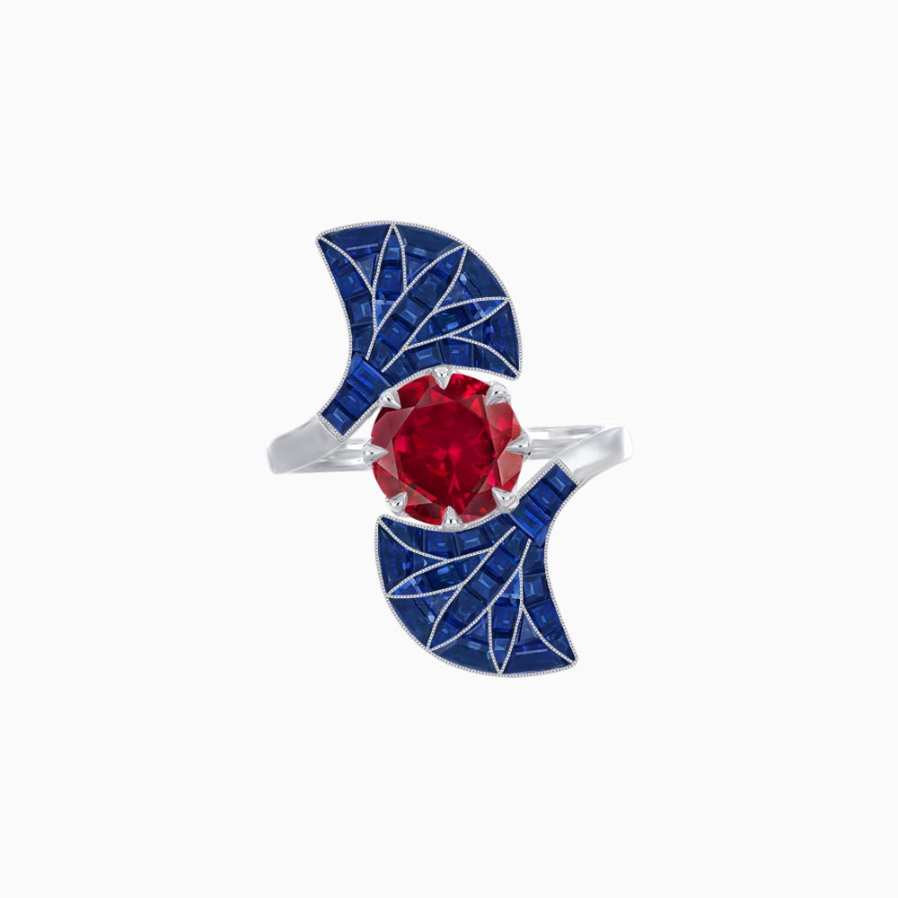 Art Deco Style Fan Motif Ring with Round Center Stone and Calibre-Cut Gemstone Accents - Shahin Jewelry