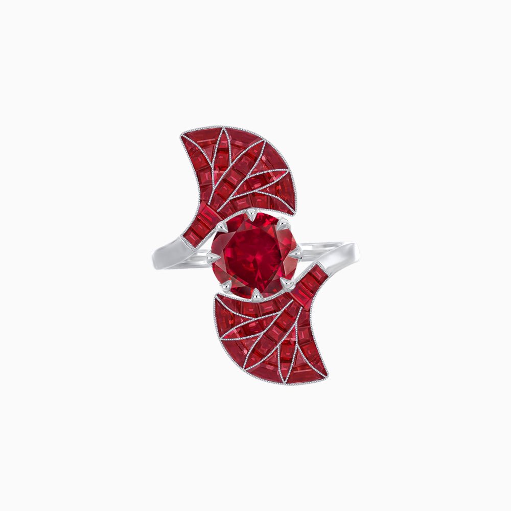 Art Deco Style Fan Motif Ring with Round Center Stone and Calibre-Cut Gemstone Accents - Shahin Jewelry