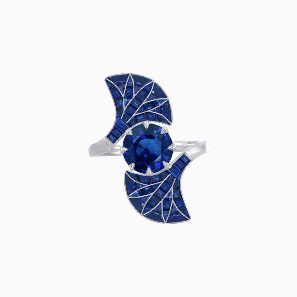 Art Deco Style Fan Motif Ring with Round Center Stone and Calibre-Cut Gemstone Accents - Shahin Jewelry