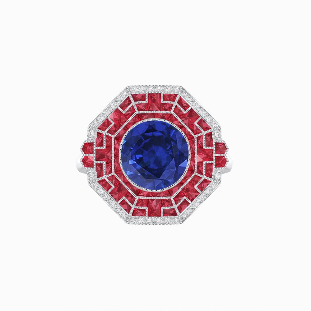 Art Deco Style French Cut Sapphire Ring With Diamond - Shahin Jewelry
