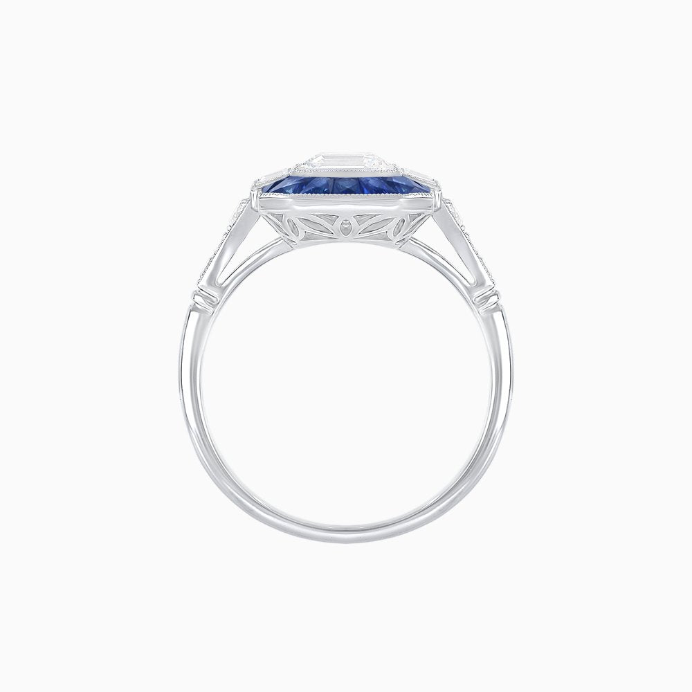 Art Deco Style French Cut Sapphire Ring With Diamond - Shahin Jewelry