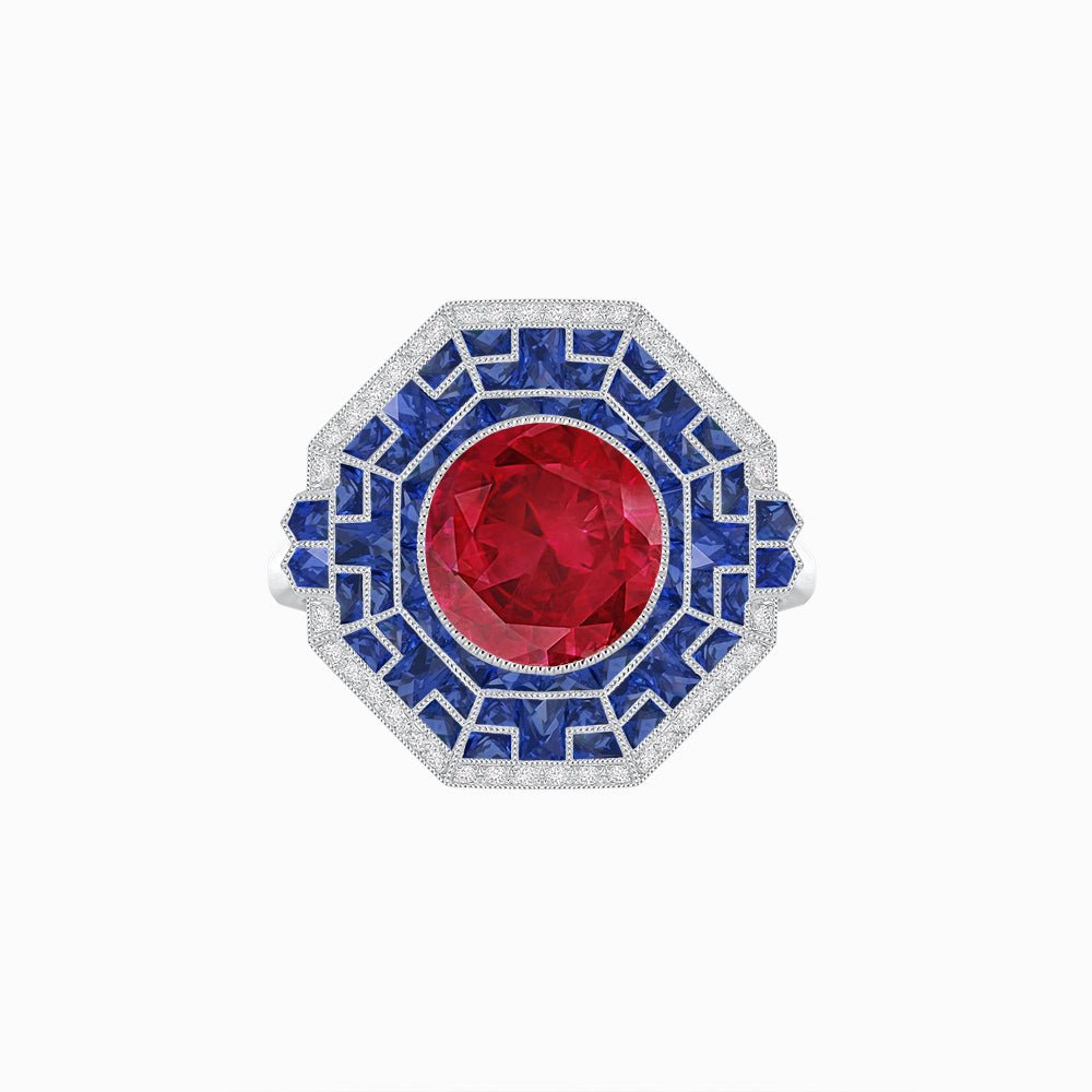 Art Deco Style French Cut Sapphire Ring With Diamond - Shahin Jewelry