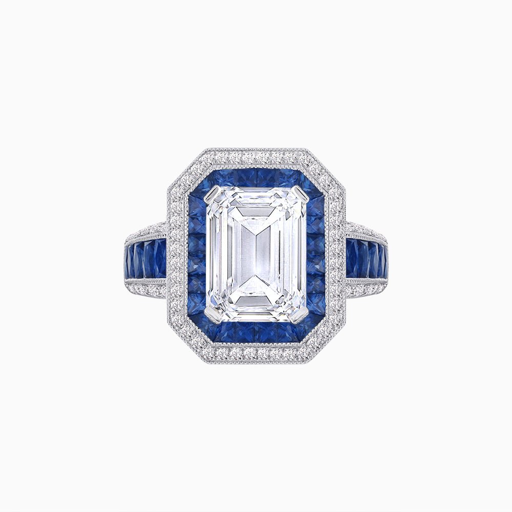 Art Deco Style French Cut Sapphire Ring With Diamond - Shahin Jewelry