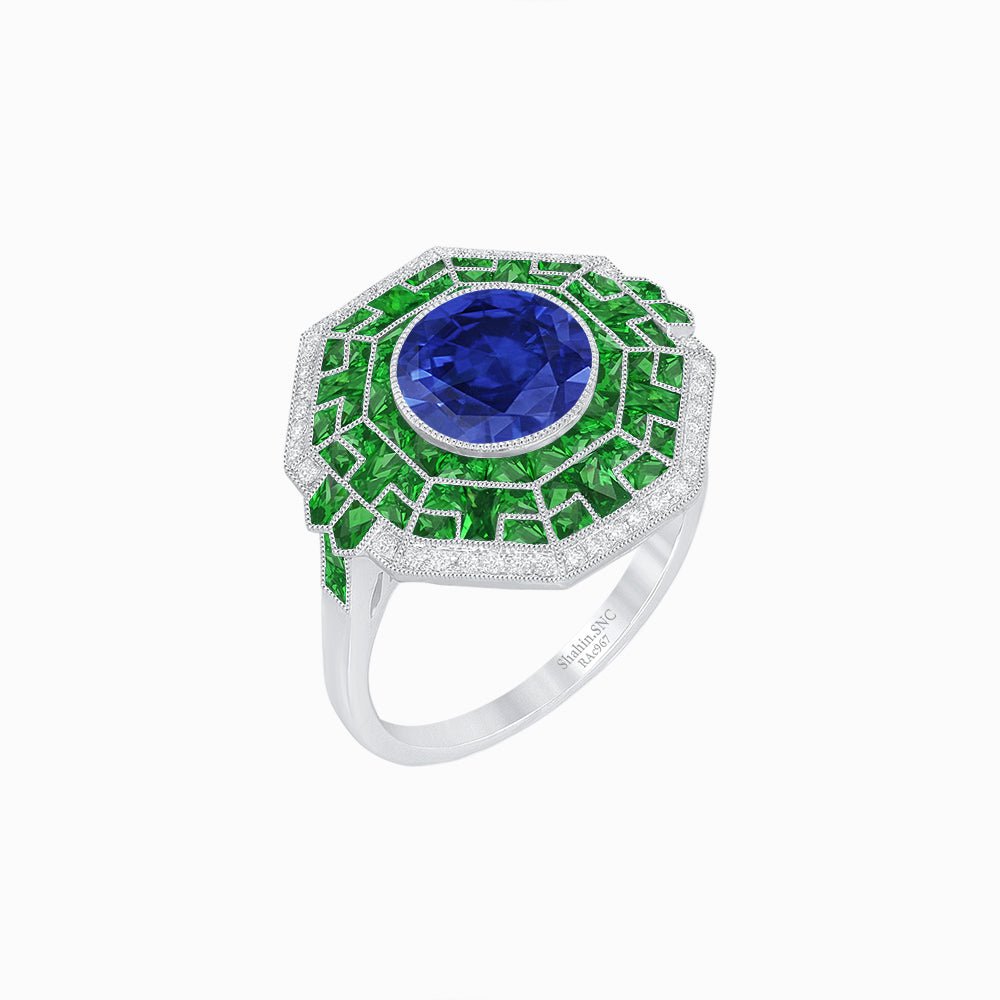 Art Deco Style French Cut Sapphire Ring With Diamond - Shahin Jewelry