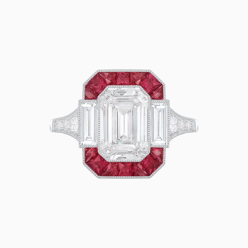 Art Deco Style French Cut Sapphire Ring With Diamond - Shahin Jewelry