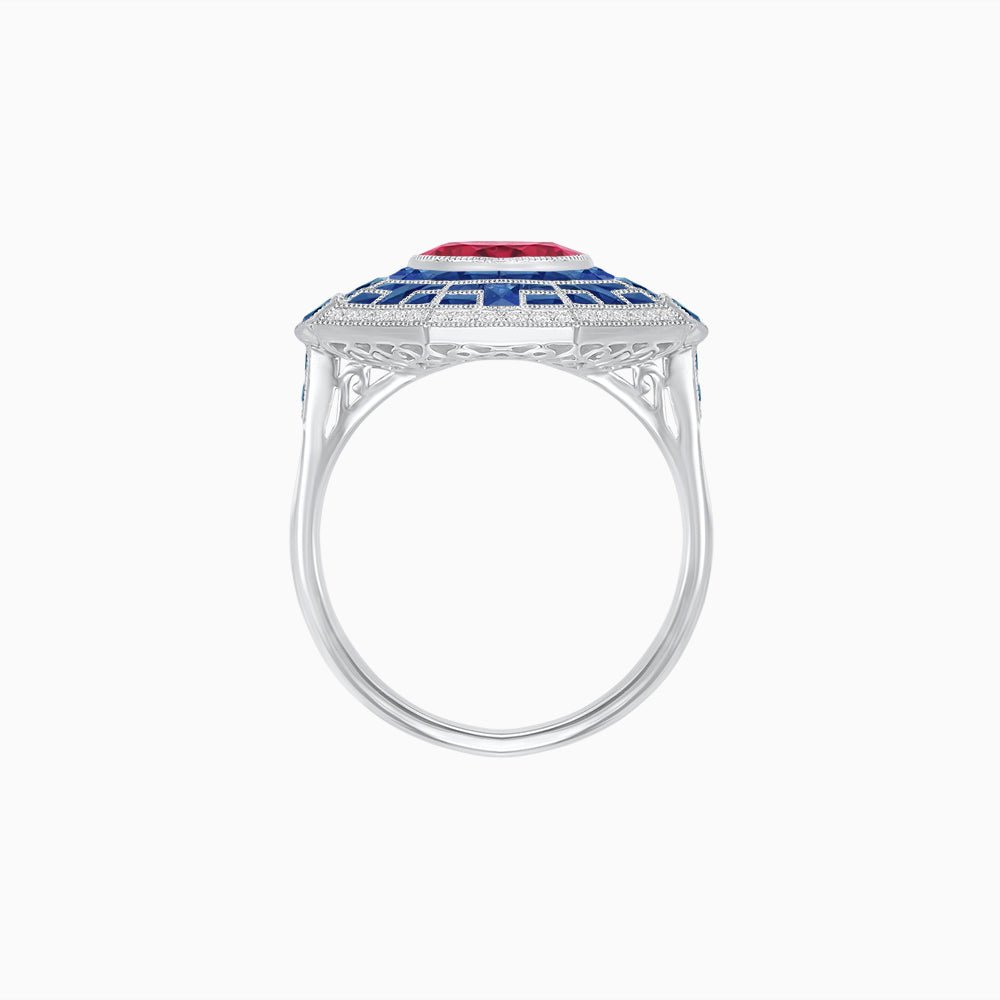 Art Deco Style French Cut Sapphire Ring With Diamond - Shahin Jewelry