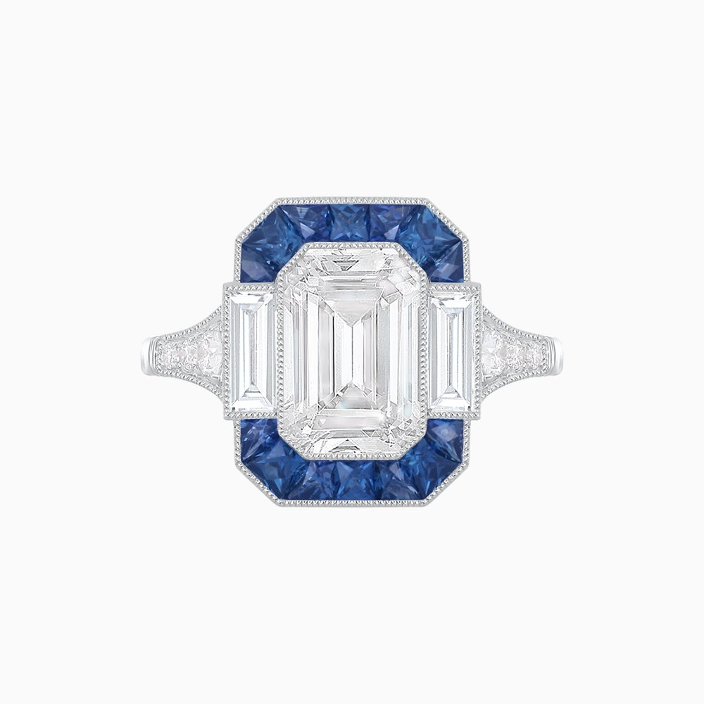 Art Deco Style French Cut Sapphire Ring With Diamond - Shahin Jewelry