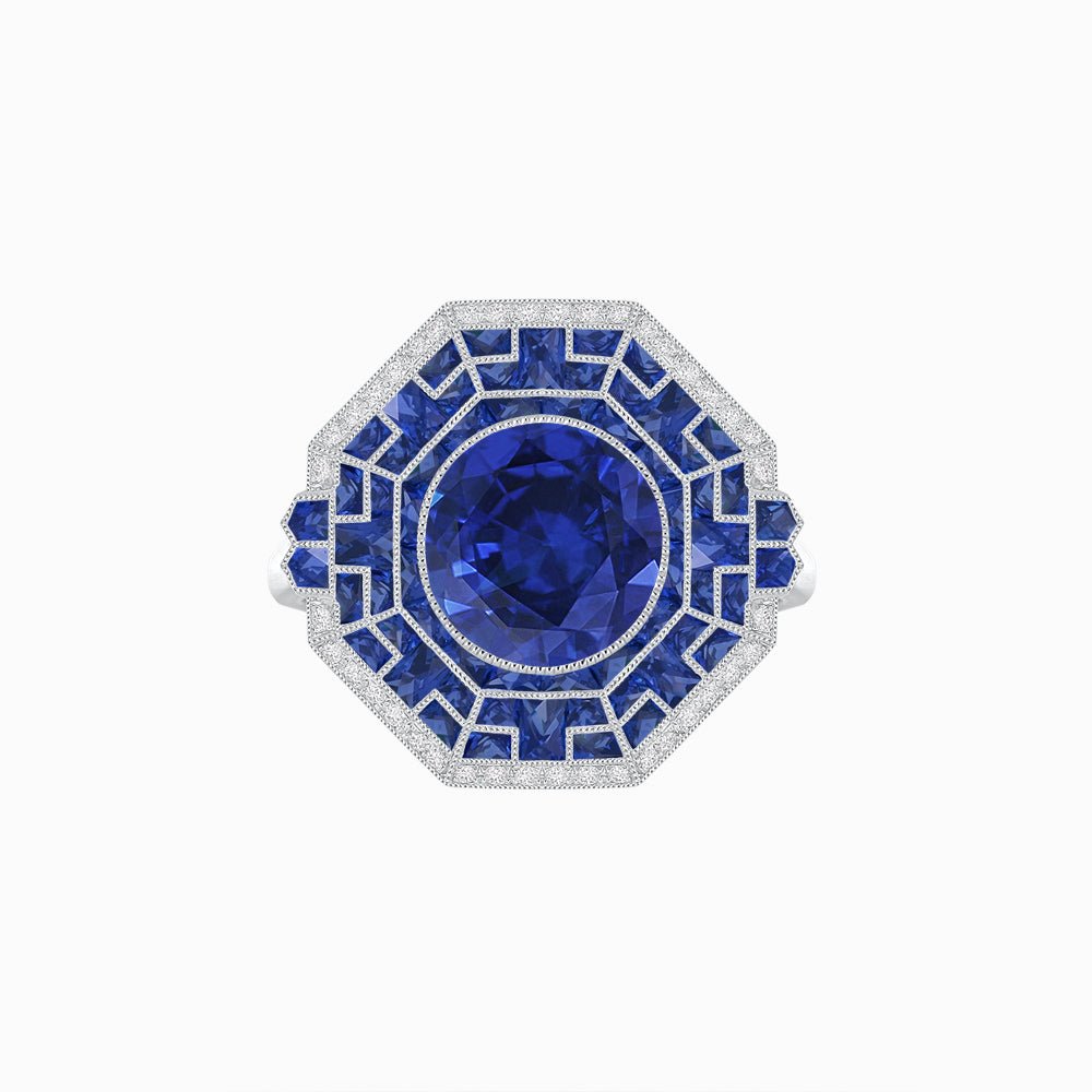 Art Deco Style French Cut Sapphire Ring With Diamond - Shahin Jewelry