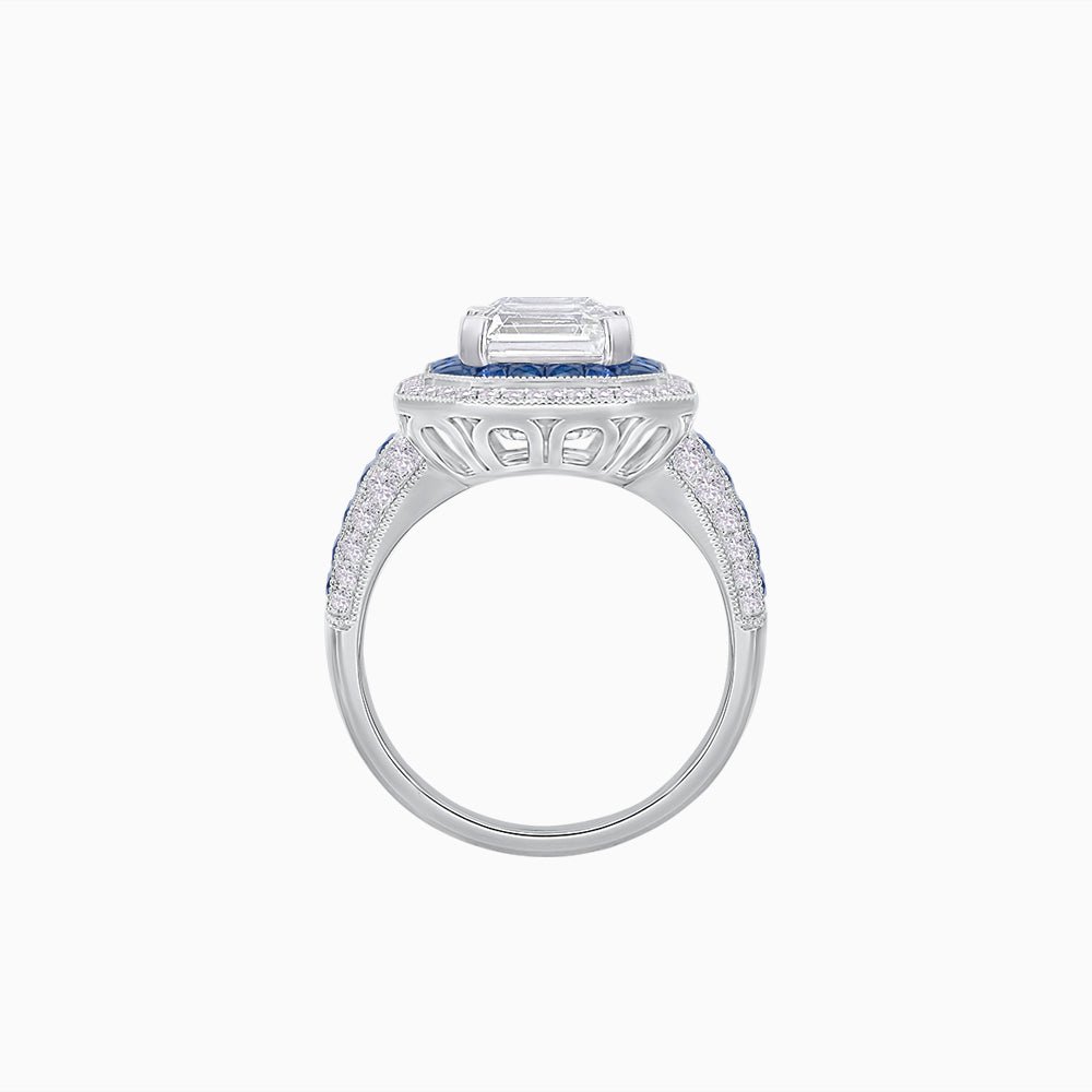 Art Deco Style French Cut Sapphire Ring With Diamond - Shahin Jewelry