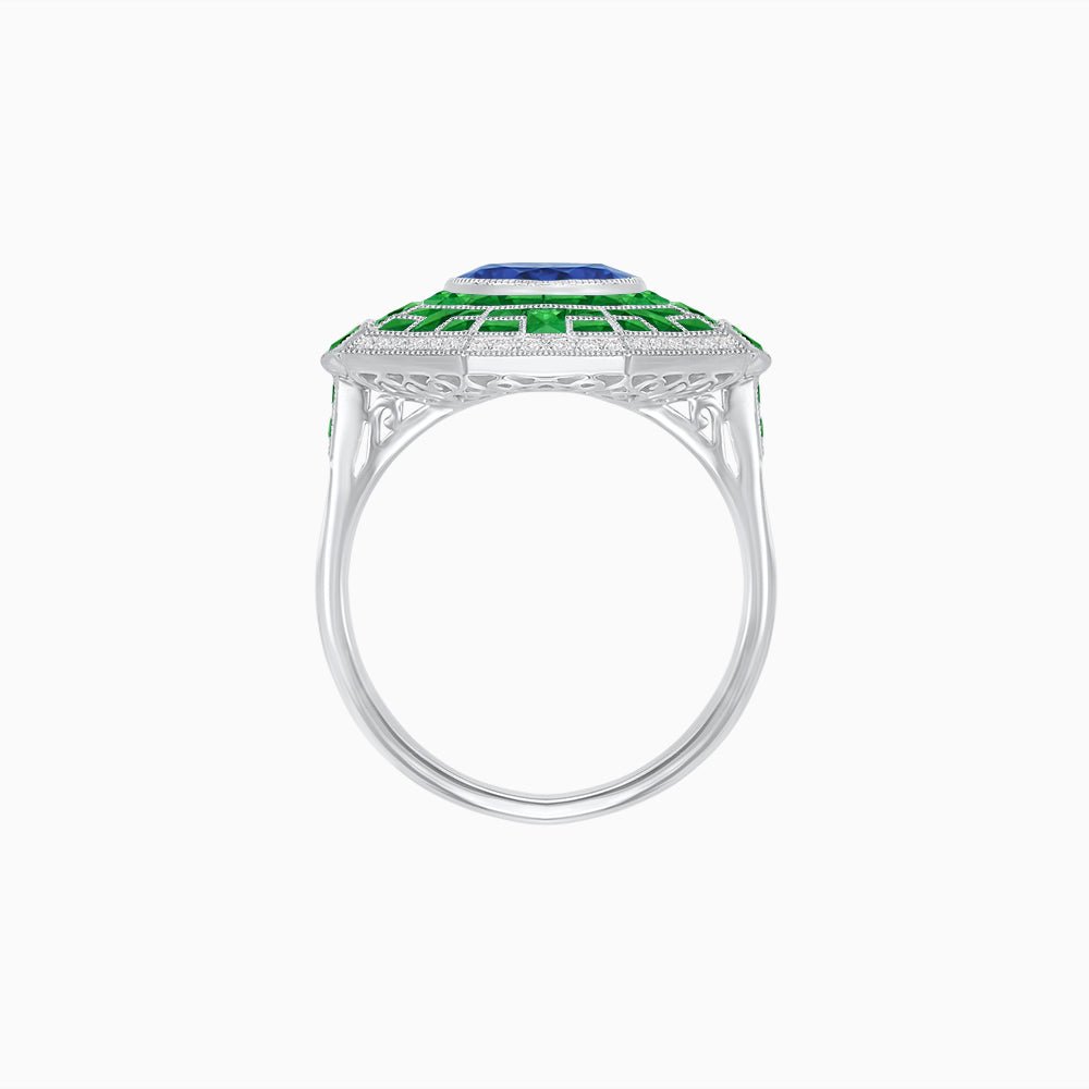 Art Deco Style French Cut Sapphire Ring With Diamond - Shahin Jewelry
