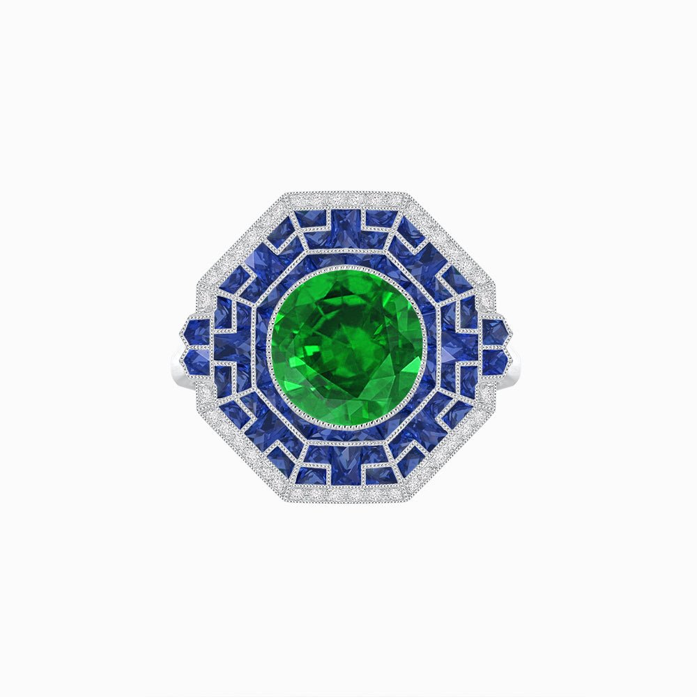 Art Deco Style French Cut Sapphire Ring With Diamond - Shahin Jewelry