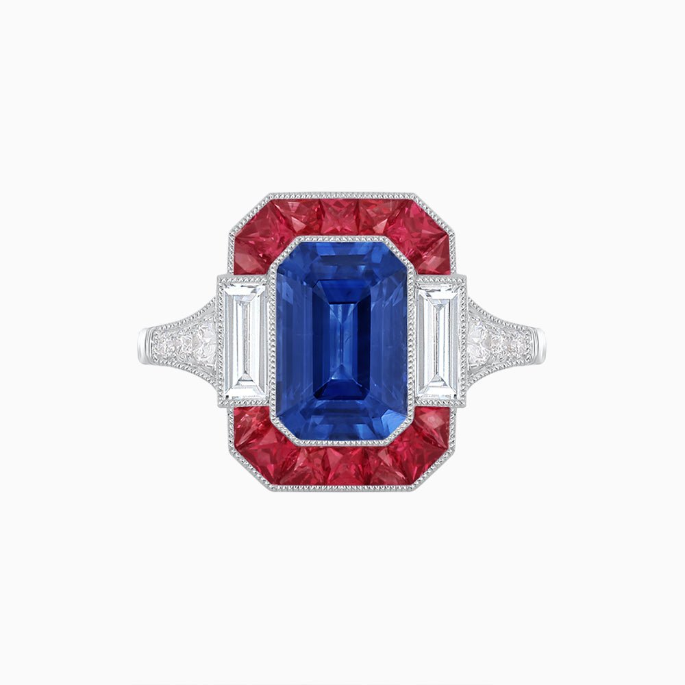 Art Deco Style French Cut Sapphire Ring With Gemstone - Shahin Jewelry