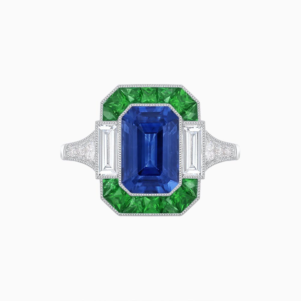 Art Deco Style French Cut Sapphire Ring With Gemstone - Shahin Jewelry