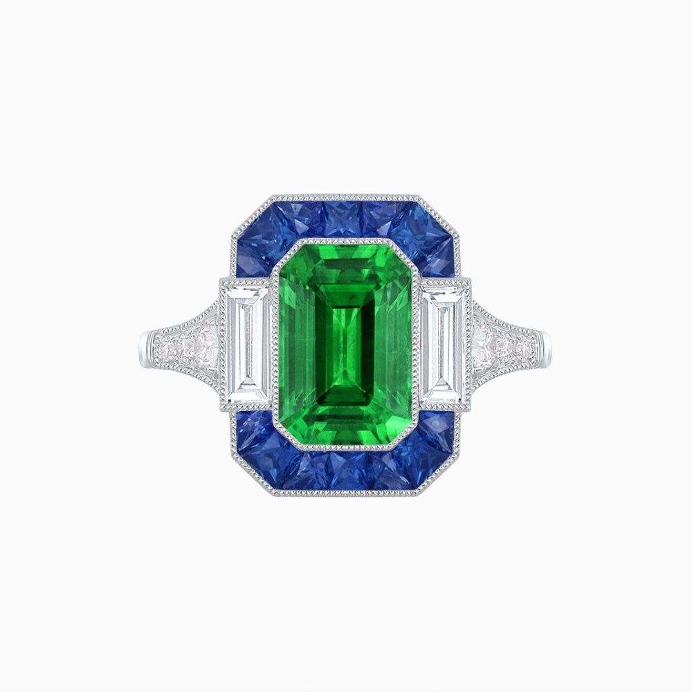 Art Deco Style French Cut Sapphire Ring With Gemstone - Shahin Jewelry