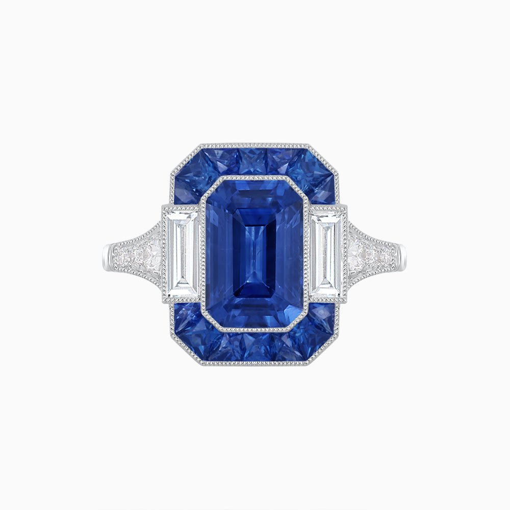 Art Deco Style French Cut Sapphire Ring With Gemstone - Shahin Jewelry