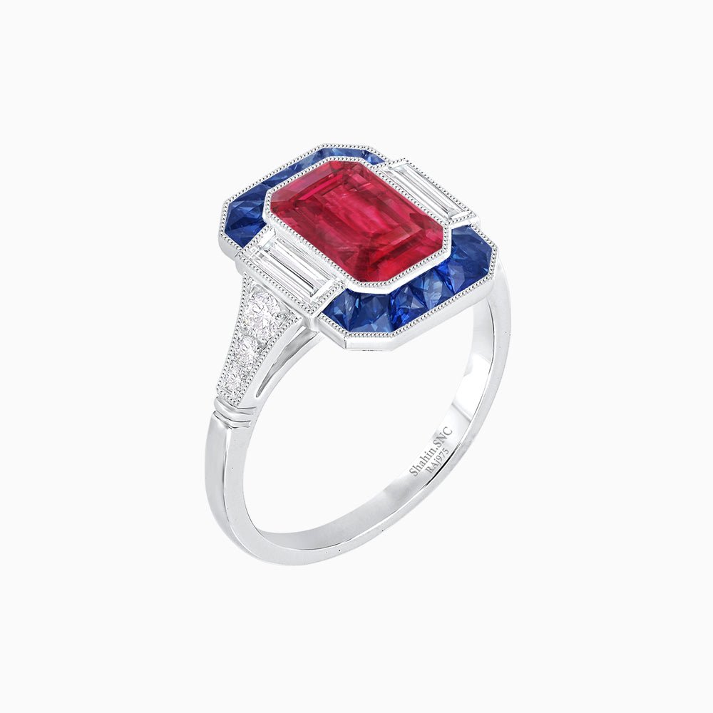 Art Deco Style French Cut Sapphire Ring With Gemstone - Shahin Jewelry