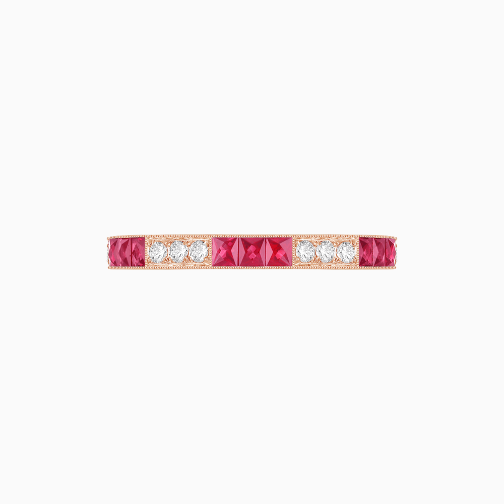 Art Deco Style French - Cut Spinel and Diamond Half Eternity Band in 14K Rose Gold - Shahin Jewelry