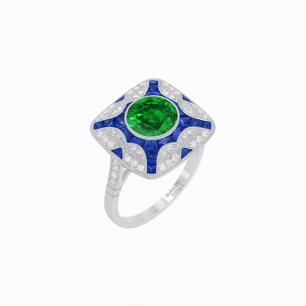 Art Deco Style Geometric Engagement Ring With Gemstone - Shahin Jewelry