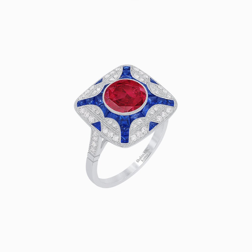 Art Deco Style Geometric Engagement Ring With Gemstone - Shahin Jewelry