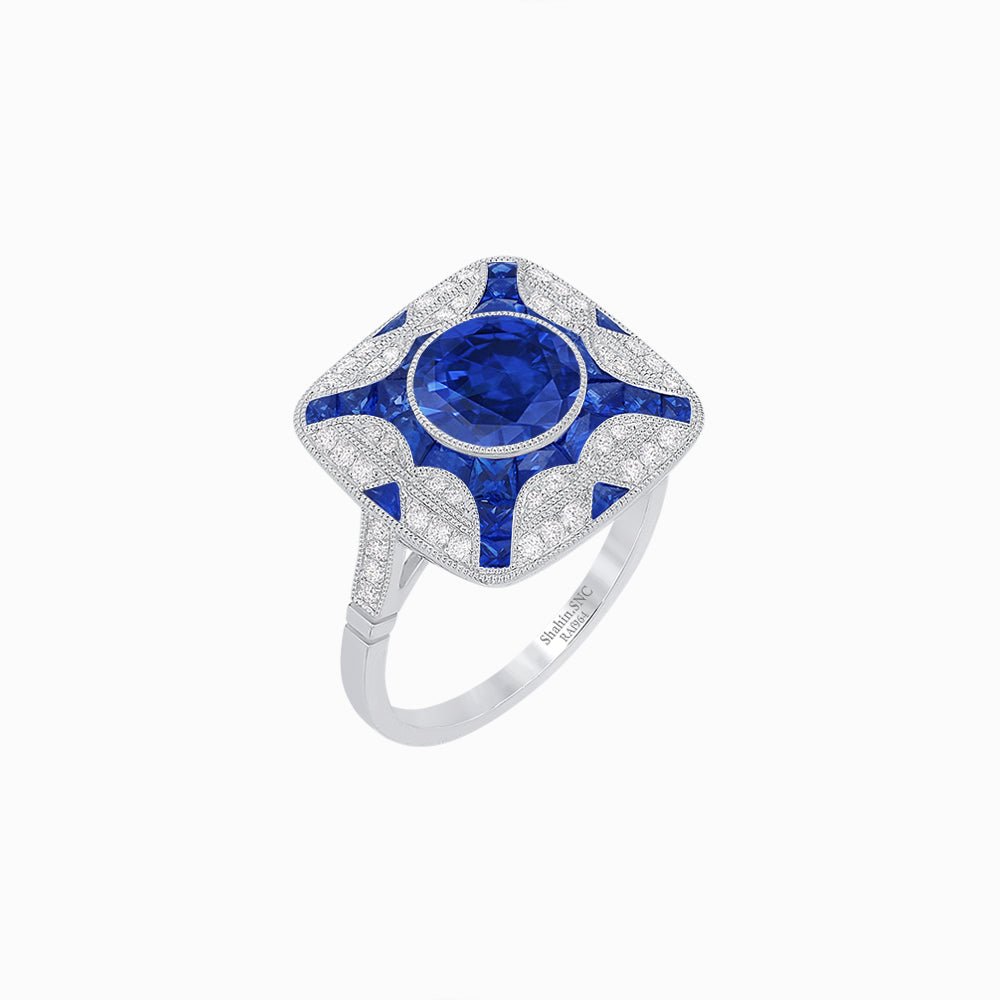 Art Deco Style Geometric Engagement Ring With Gemstone - Shahin Jewelry