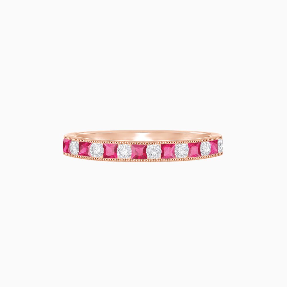 Art Deco Style Half Band with Diamond and French - Cut Spinel in 14K Rose Gold - Shahin Jewelry