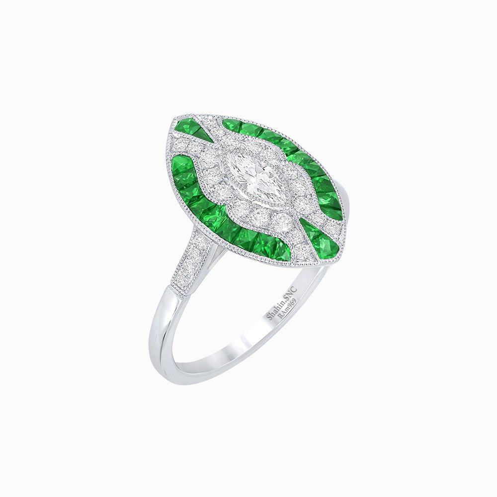 Art Deco Style Marquise Center Clover Ring with Diamond - Shahin Jewelry