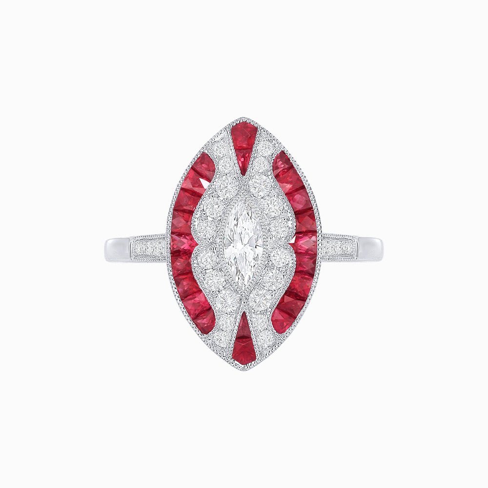 Art Deco Style Marquise Center Clover Ring with Diamond - Shahin Jewelry