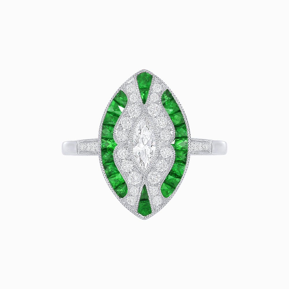 Art Deco Style Marquise Center Clover Ring with Diamond - Shahin Jewelry