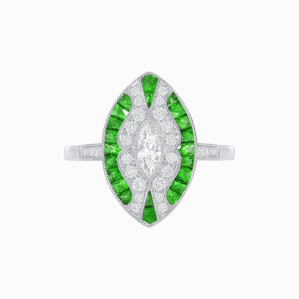 Art Deco Style Marquise Center Clover Ring with Diamond - Shahin Jewelry