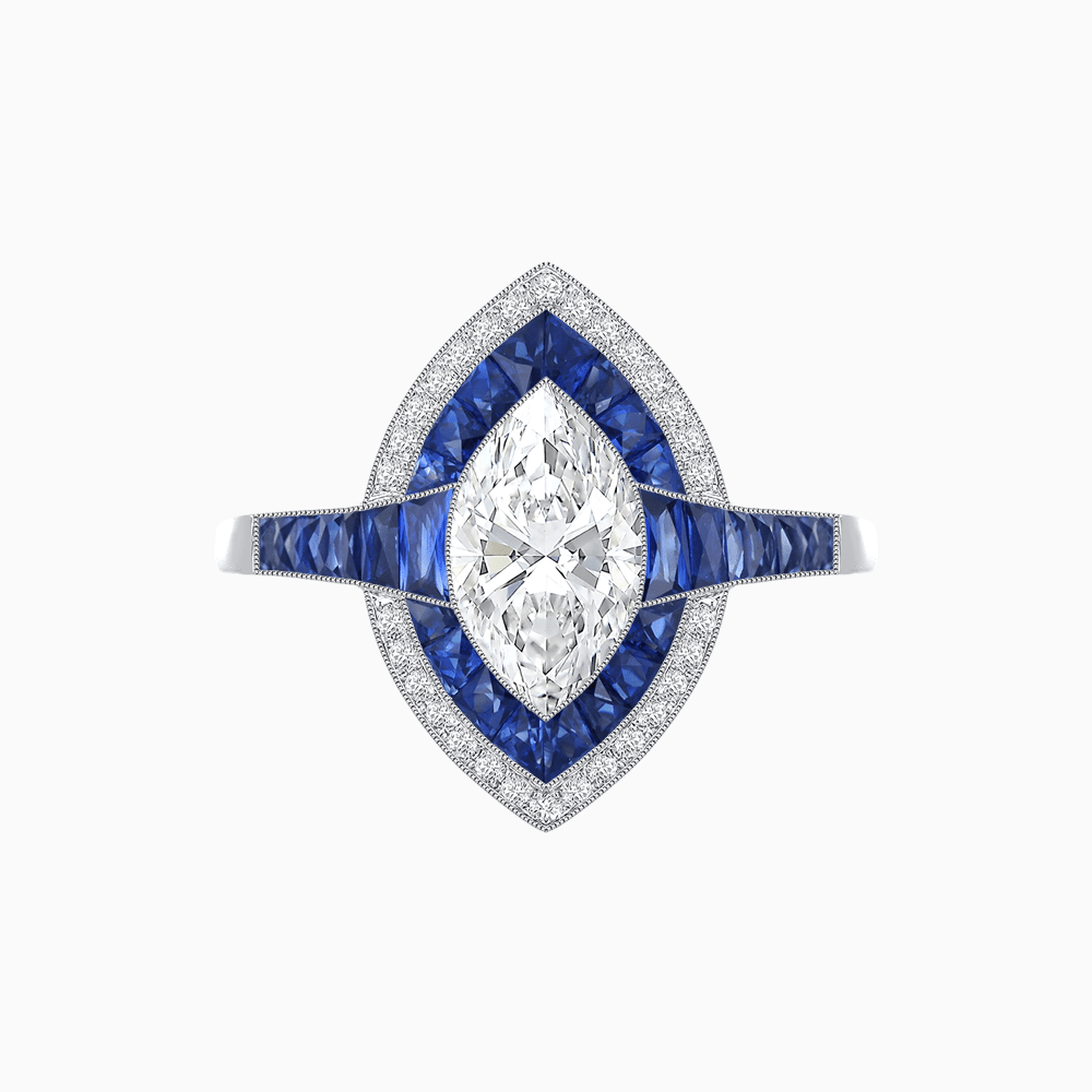 Art Deco Style Marquise Cut Ring with Double Halo Featuring Gemstone and Diamond Halo - Shahin Jewelry