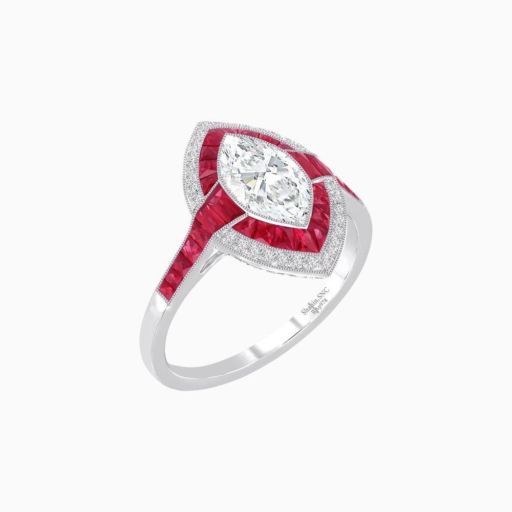 Art Deco Style Marquise Cut Ring with Double Halo Featuring Gemstone and Diamond Halo - Shahin Jewelry