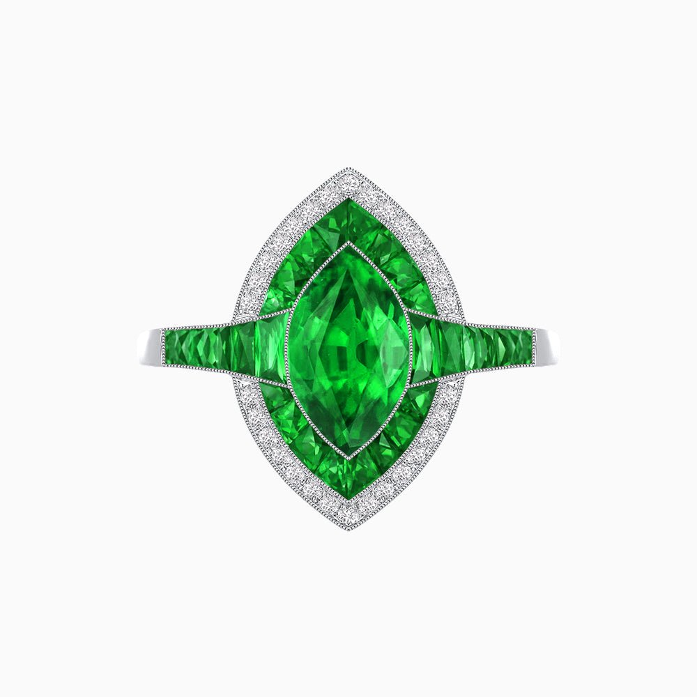 Art Deco Style Marquise Cut Ring with Double Halo Featuring Gemstone and Diamond Halo - Shahin Jewelry