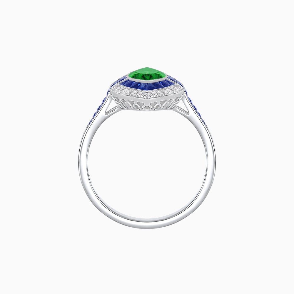 Art Deco Style Marquise Cut Ring with Double Halo Featuring Gemstone and Diamond Halo - Shahin Jewelry