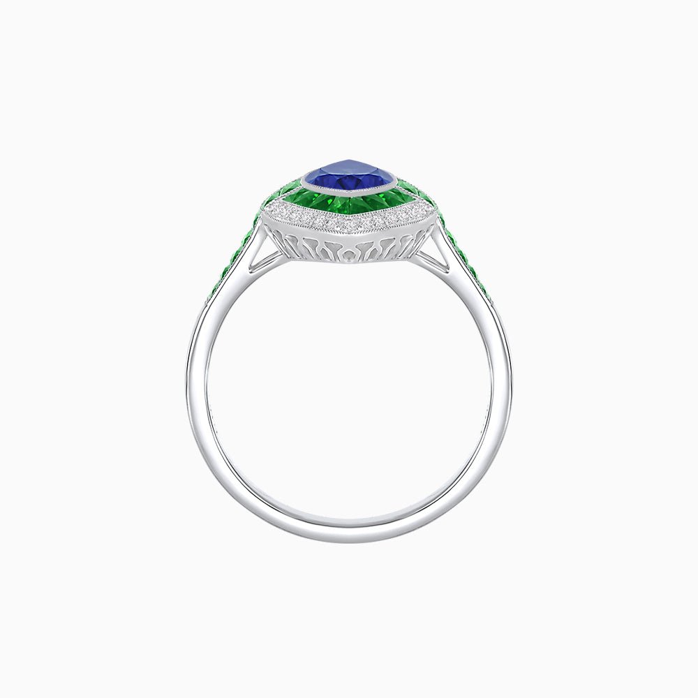 Art Deco Style Marquise Cut Ring with Double Halo Featuring Gemstone and Diamond Halo - Shahin Jewelry