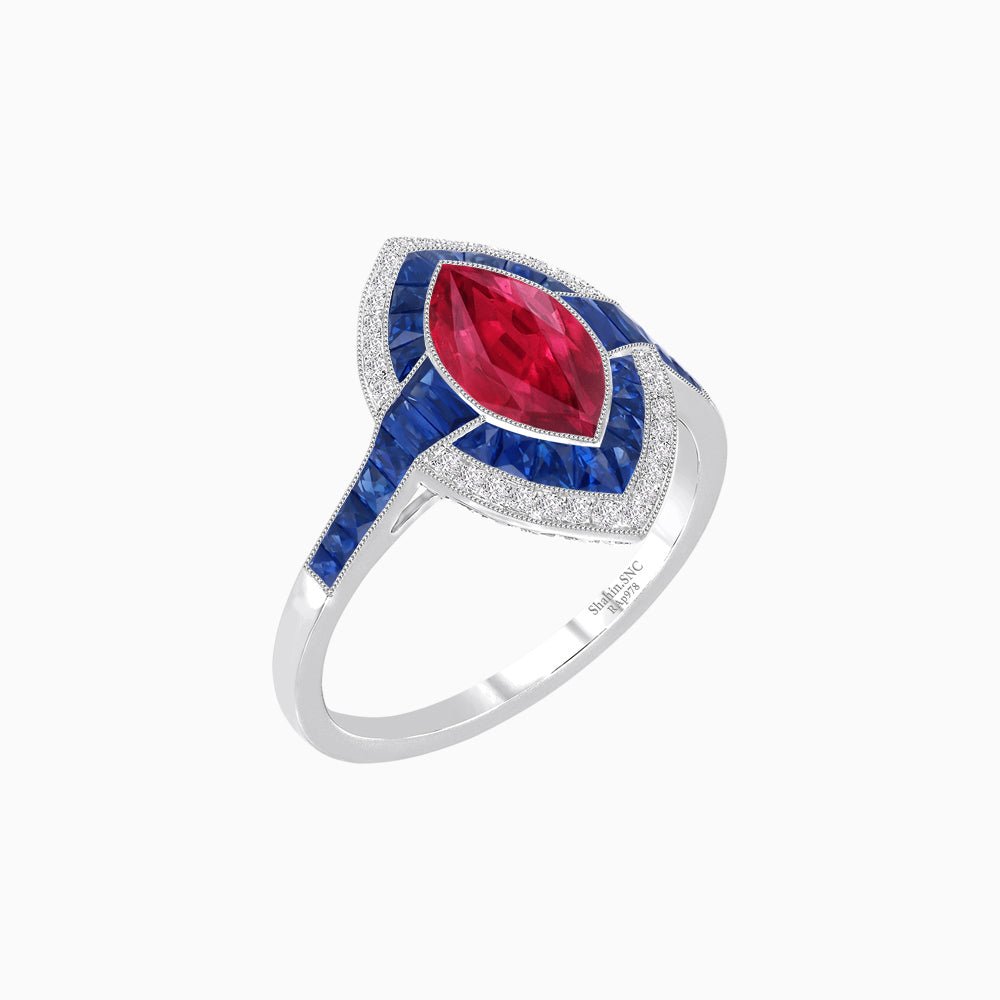 Art Deco Style Marquise Cut Ring with Double Halo Featuring Gemstone and Diamond Halo - Shahin Jewelry