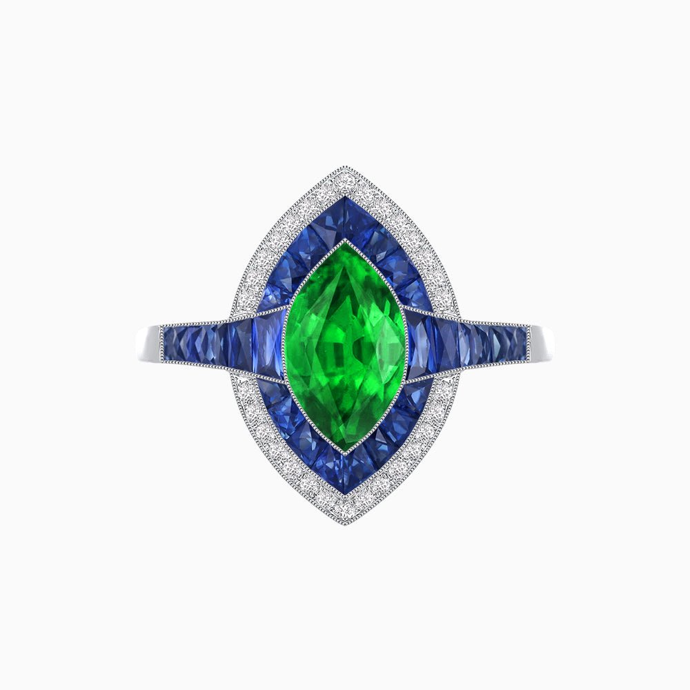 Art Deco Style Marquise Cut Ring with Double Halo Featuring Gemstone and Diamond Halo - Shahin Jewelry