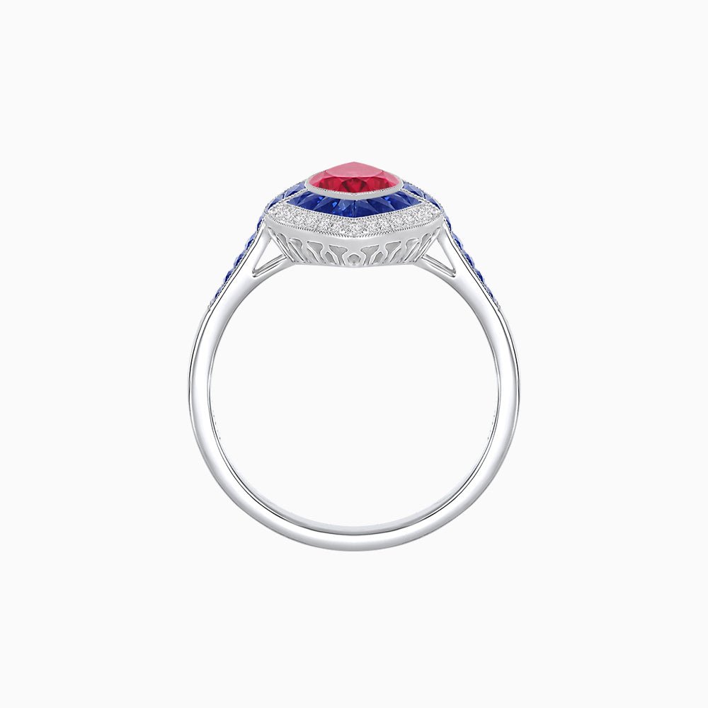 Art Deco Style Marquise Cut Ring with Double Halo Featuring Gemstone and Diamond Halo - Shahin Jewelry