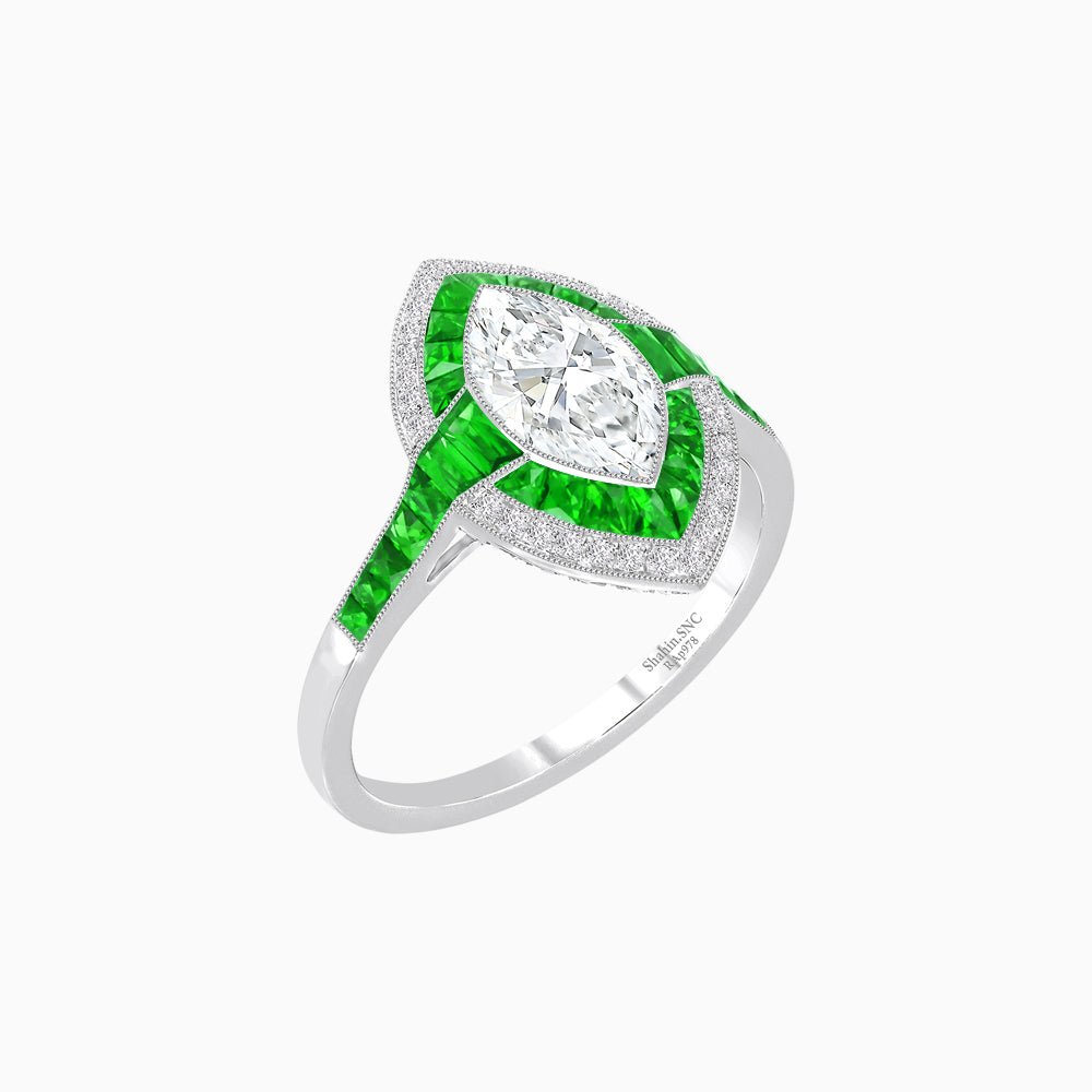 Art Deco Style Marquise Cut Ring with Double Halo Featuring Gemstone and Diamond Halo - Shahin Jewelry