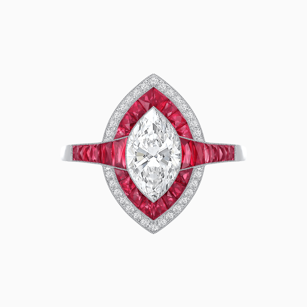 Art Deco Style Marquise Cut Ring with Double Halo Featuring Gemstone and Diamond Halo - Shahin Jewelry