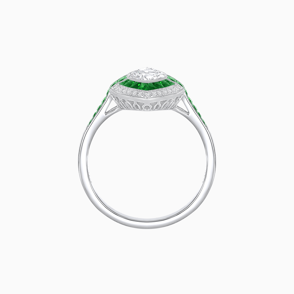 Art Deco Style Marquise Cut Ring with Double Halo Featuring Gemstone and Diamond Halo - Shahin Jewelry