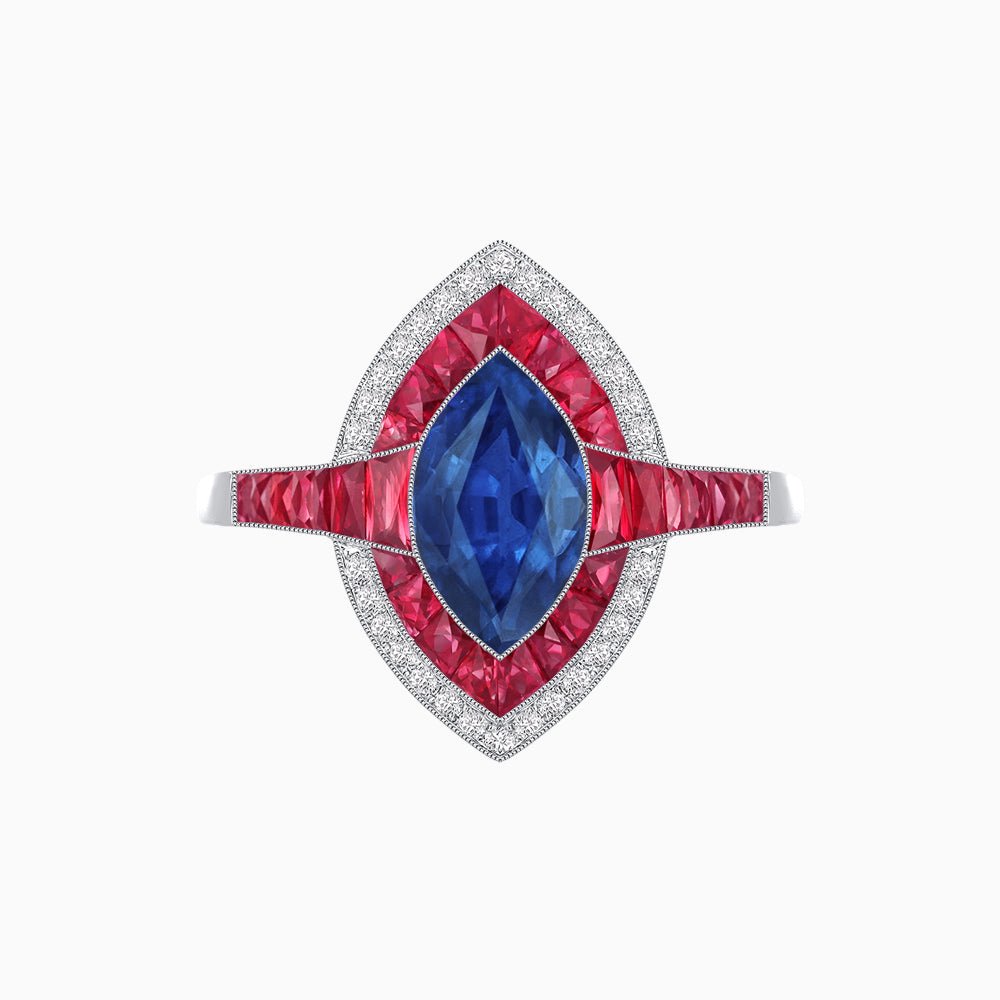 Art Deco Style Marquise Cut Ring with Double Halo Featuring Gemstone and Diamond Halo - Shahin Jewelry