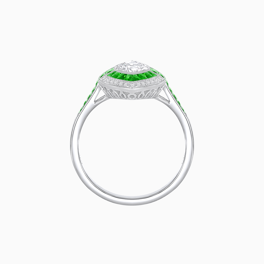 Art Deco Style Marquise Cut Ring with Double Halo Featuring Gemstone and Diamond Halo - Shahin Jewelry