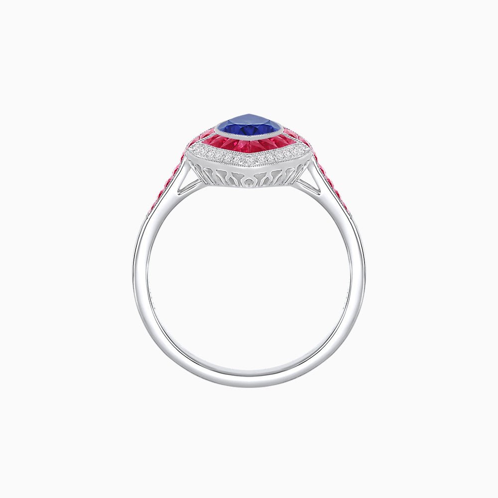 Art Deco Style Marquise Cut Ring with Double Halo Featuring Gemstone and Diamond Halo - Shahin Jewelry