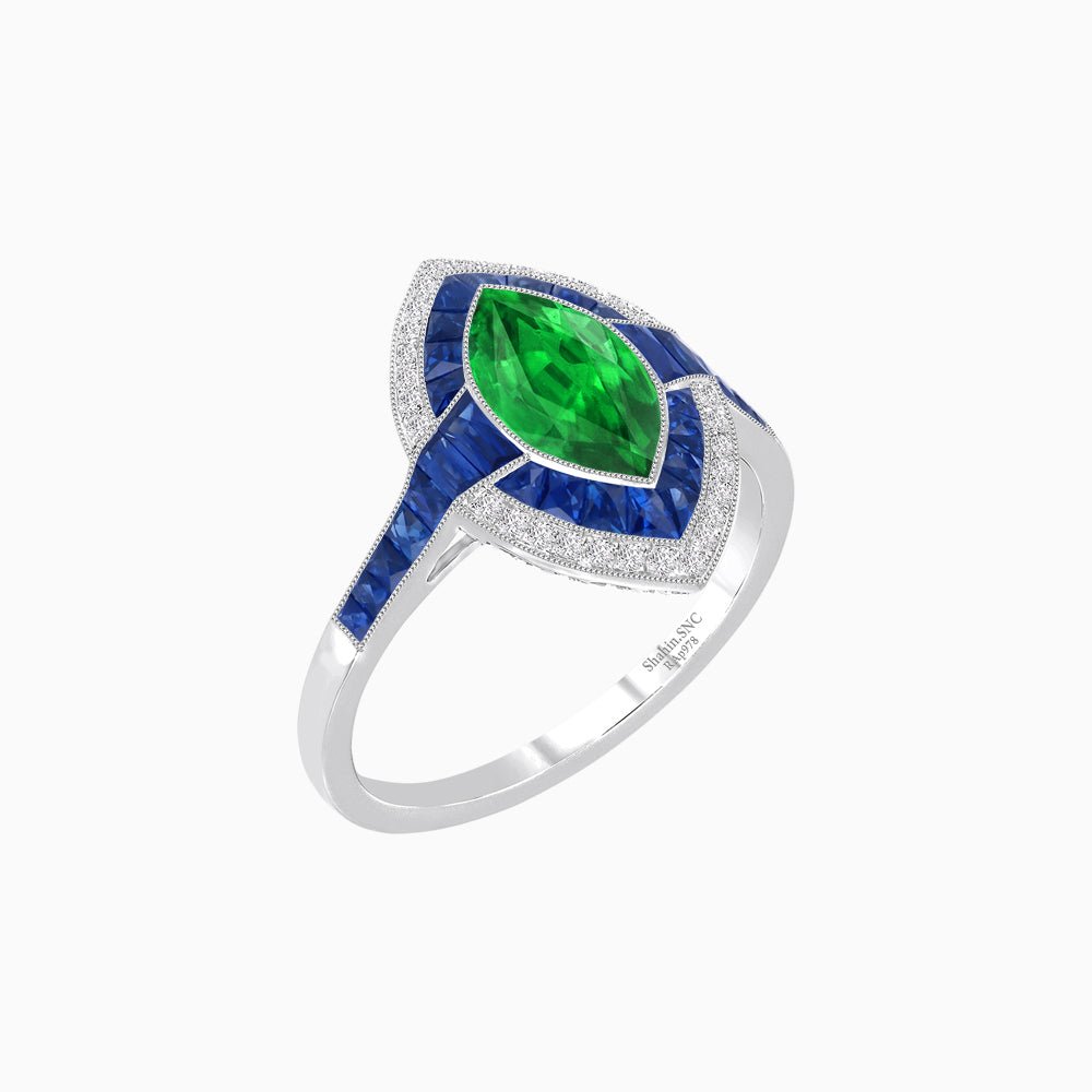 Art Deco Style Marquise Cut Ring with Double Halo Featuring Gemstone and Diamond Halo - Shahin Jewelry