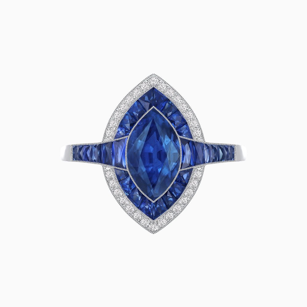 Art Deco Style Marquise Cut Ring with Double Halo Featuring Gemstone and Diamond Halo - Shahin Jewelry