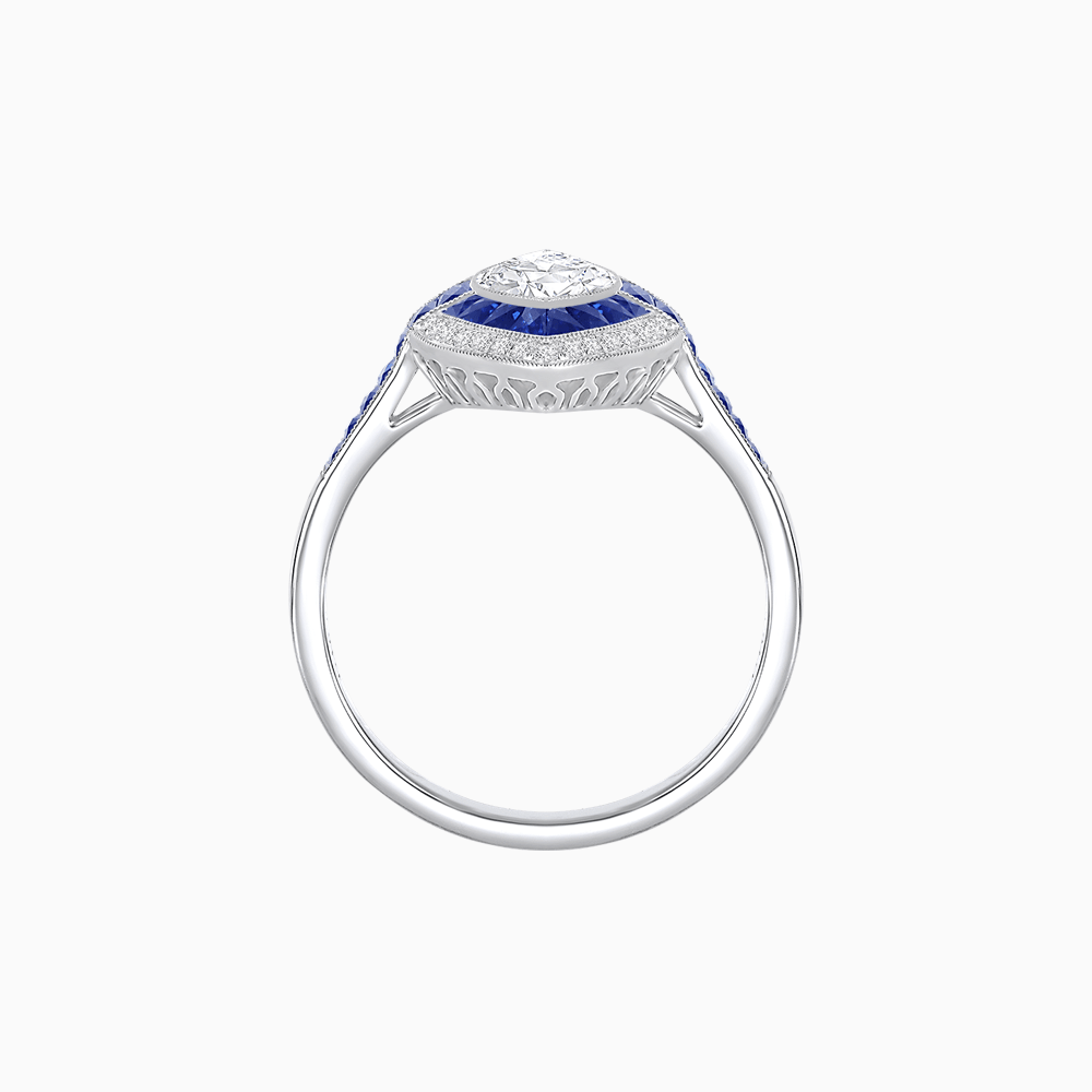 Art Deco Style Marquise Cut Ring with Double Halo Featuring Gemstone and Diamond Halo - Shahin Jewelry