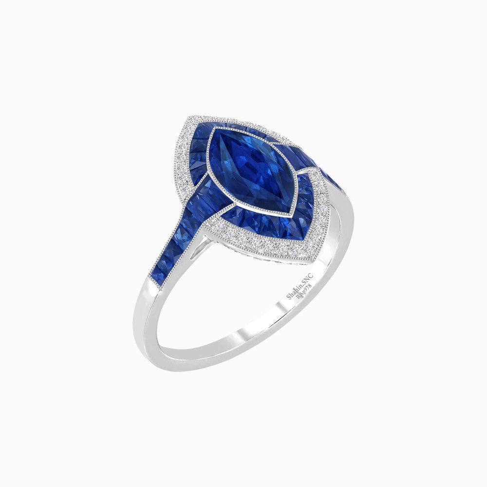 Art Deco Style Marquise Cut Ring with Double Halo Featuring Gemstone and Diamond Halo - Shahin Jewelry