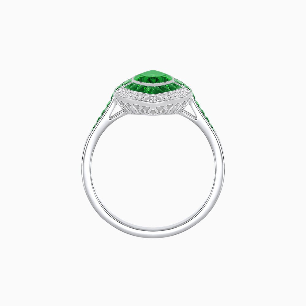 Art Deco Style Marquise Cut Ring with Double Halo Featuring Gemstone and Diamond Halo - Shahin Jewelry